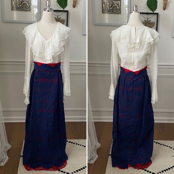 Vintage 70s Calderon Blue White Red Maxi Dress Long Sleeve S M - Picture 1 of 12
